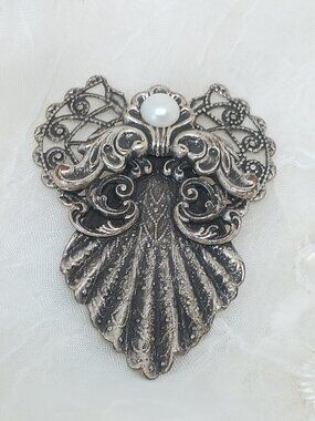 Rare Jane Davis AOL Angel of Love Brooch Antiqued Silver Filigree & Faux Pearl